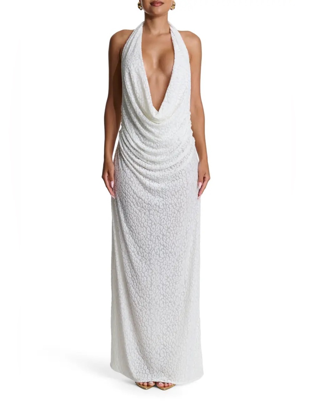 Naked Wardrobe Burnout Lace Plunge Neck Maxi Dress White